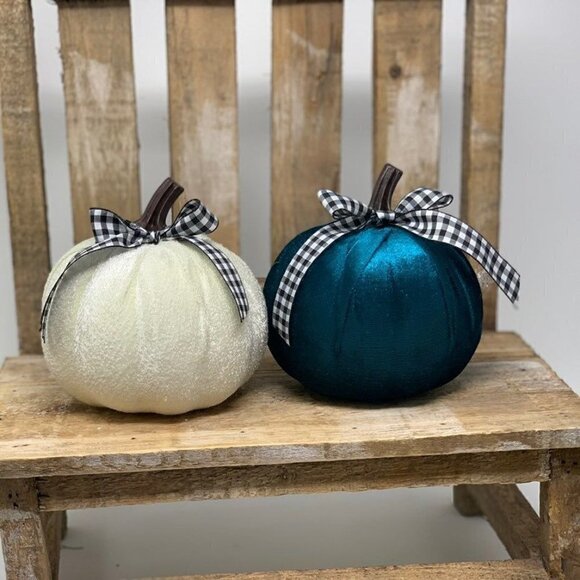 Autumn Velvet Pumpkin Set 4.5 Inch Holiday Decor Fall Centerpiece Decor Blue - Picture 5 of 5